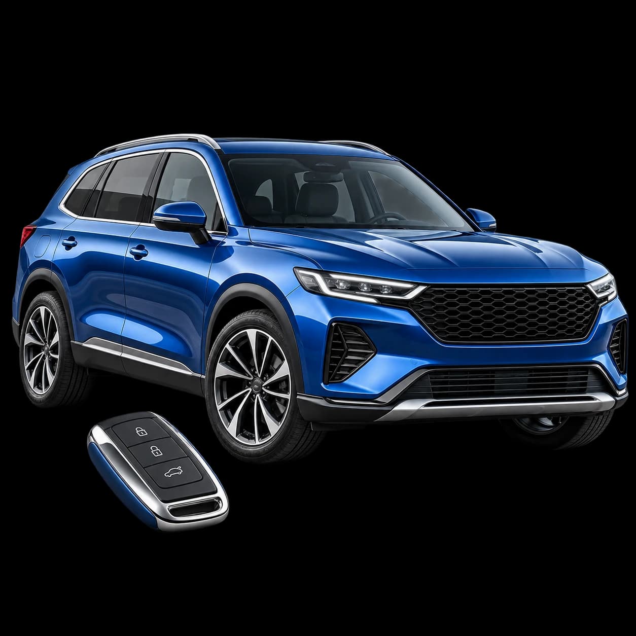 Metallic blue SUV and key fob in a premium studio arrangement