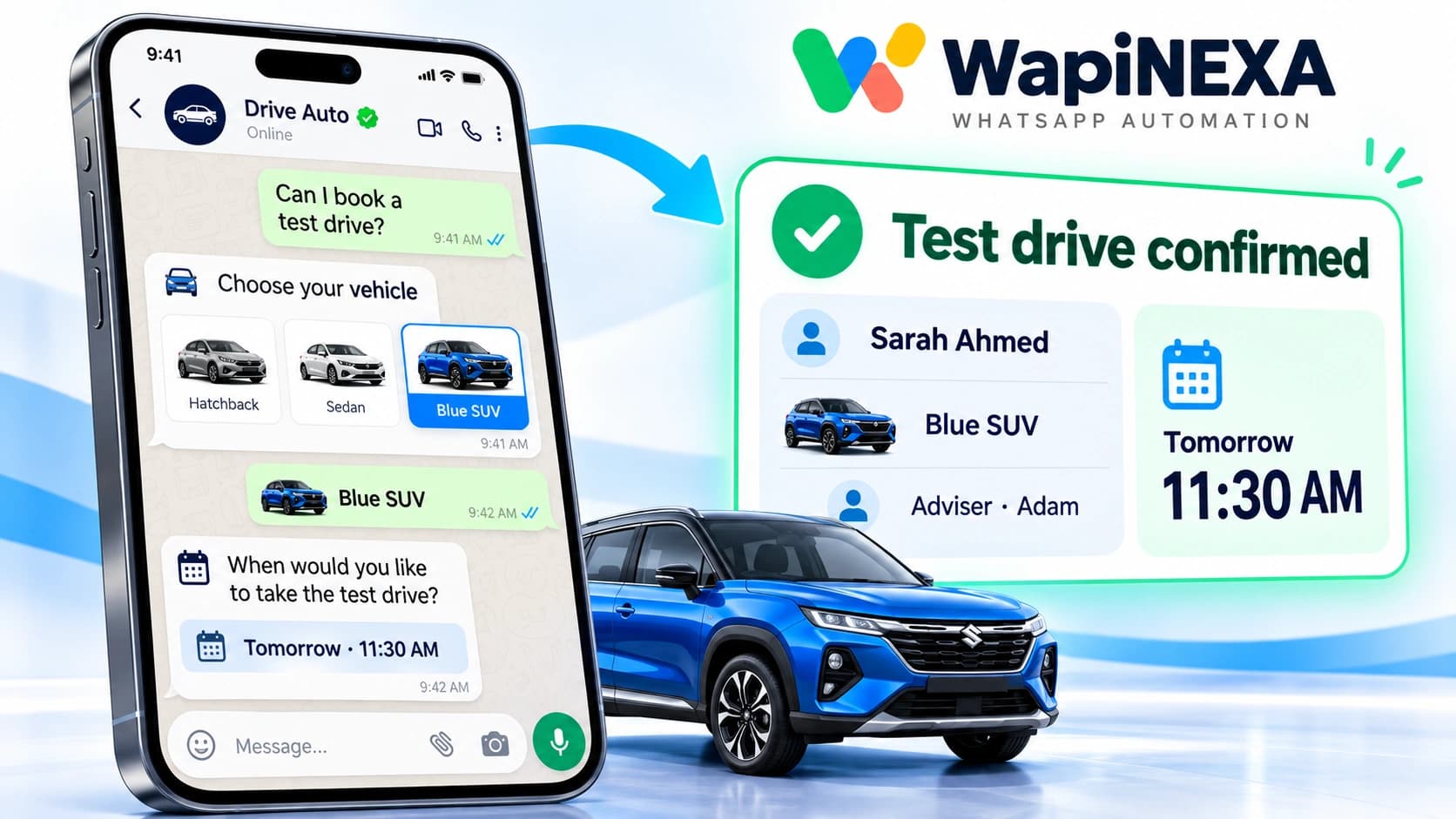 Illustrative WapiNEXA Automotive workflow: WhatsApp enquiry, option selection and booking confirmation