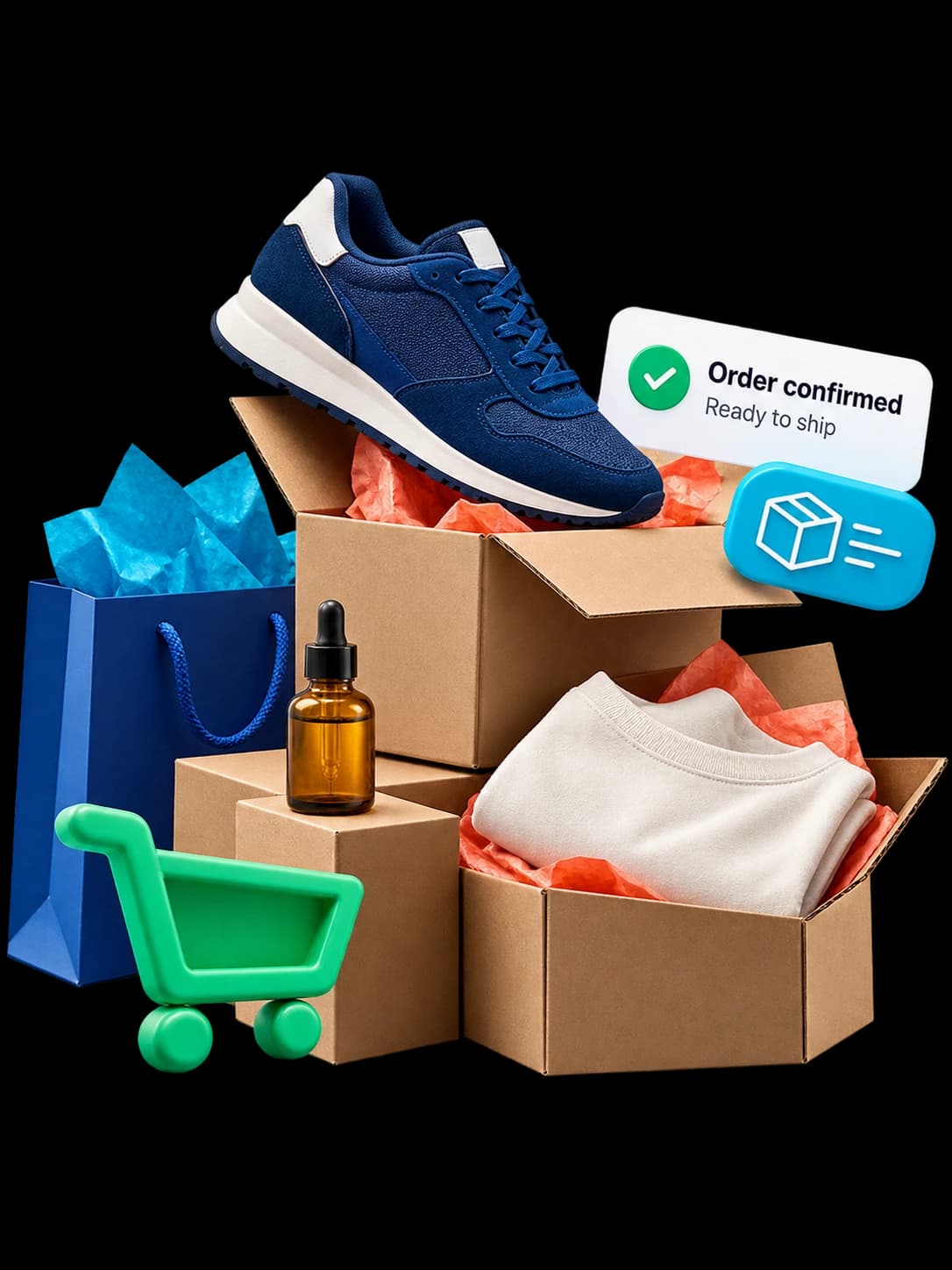 Product and parcel arrangement with a shopping cart and order confirmation cards