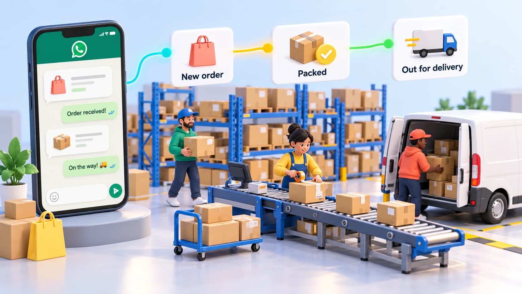 Isometric ecommerce fulfilment workflow connecting WhatsApp, packing and delivery