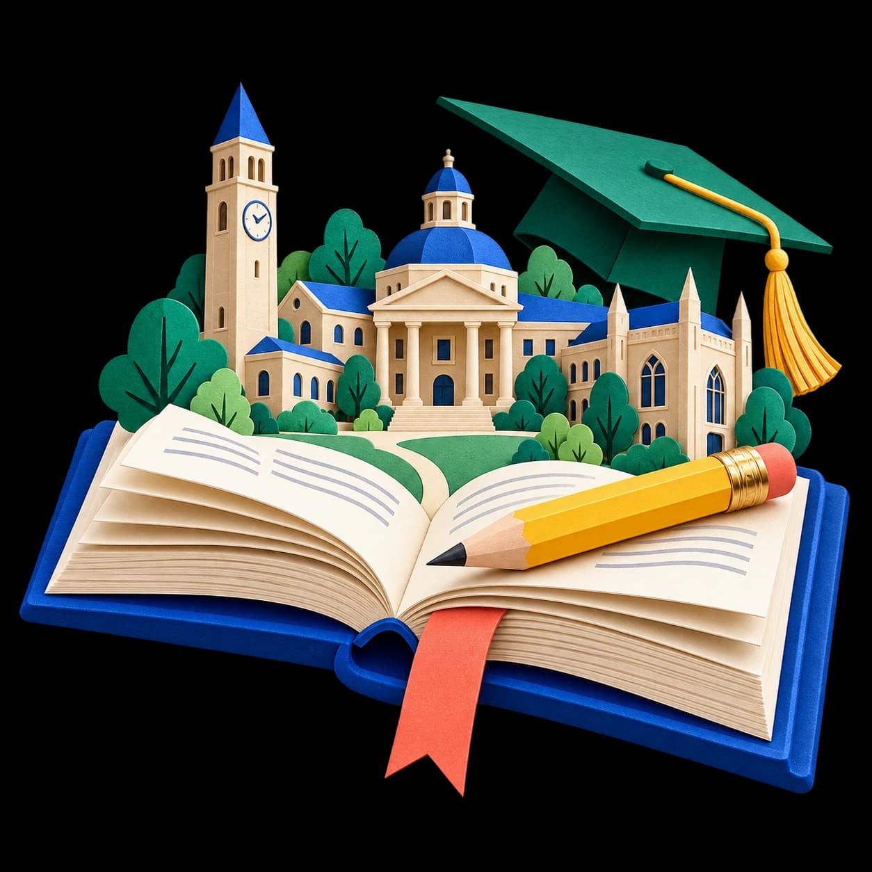 Papercraft campus rising from an open book with colorful learning objects