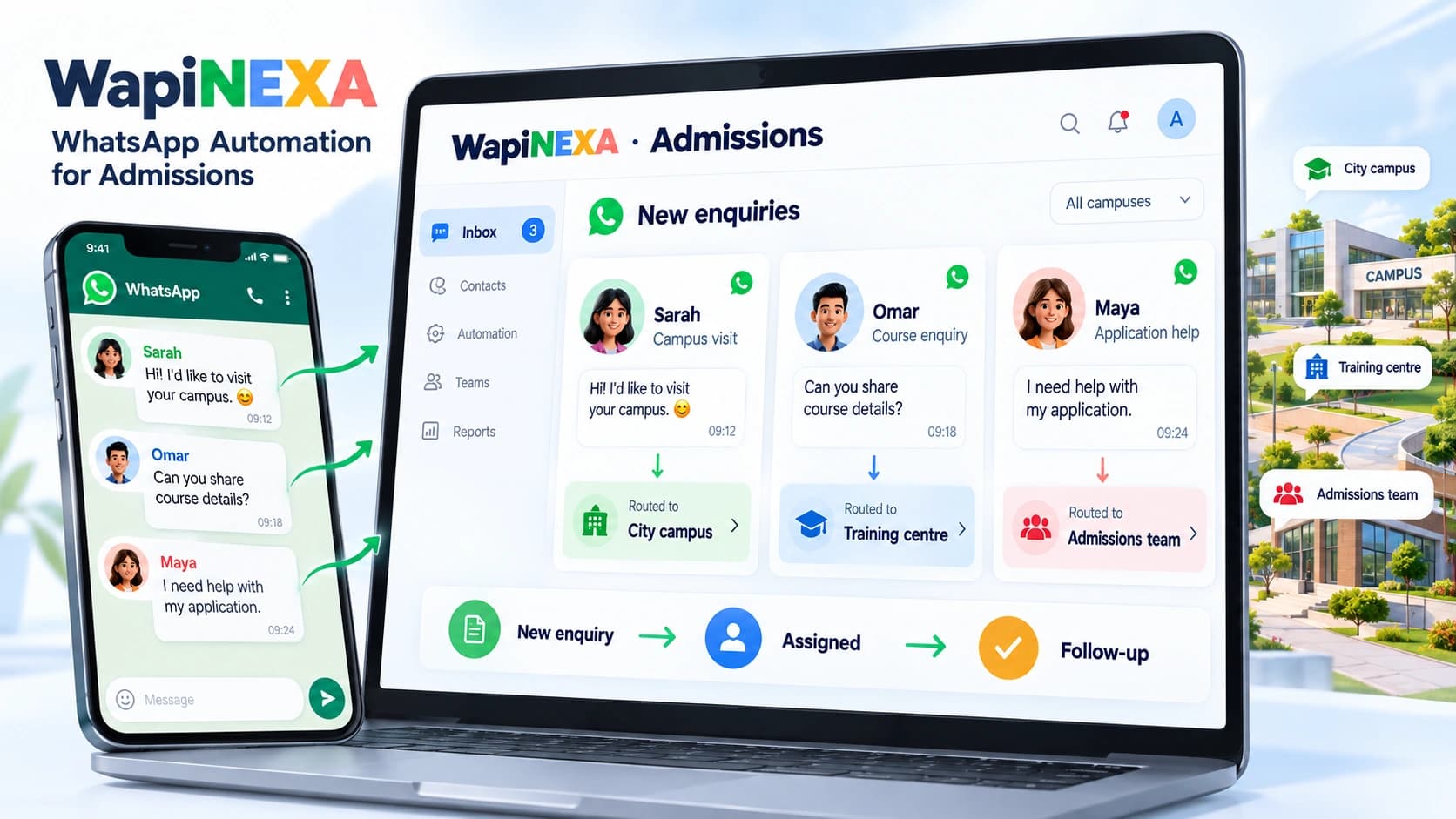 Illustrative WapiNEXA Education team inbox: enquiry routing, assignment and follow-up