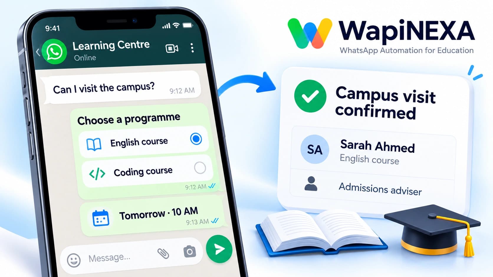 Illustrative WapiNEXA Education workflow: WhatsApp enquiry, option selection and booking confirmation