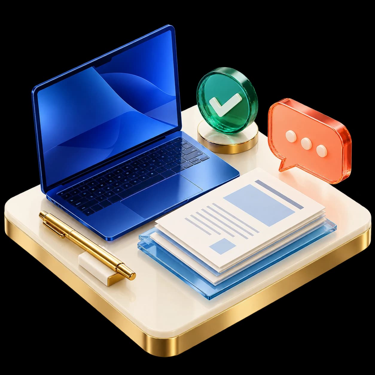 Sculptural consulting workspace with laptop, proposal documents and colorful chat shapes