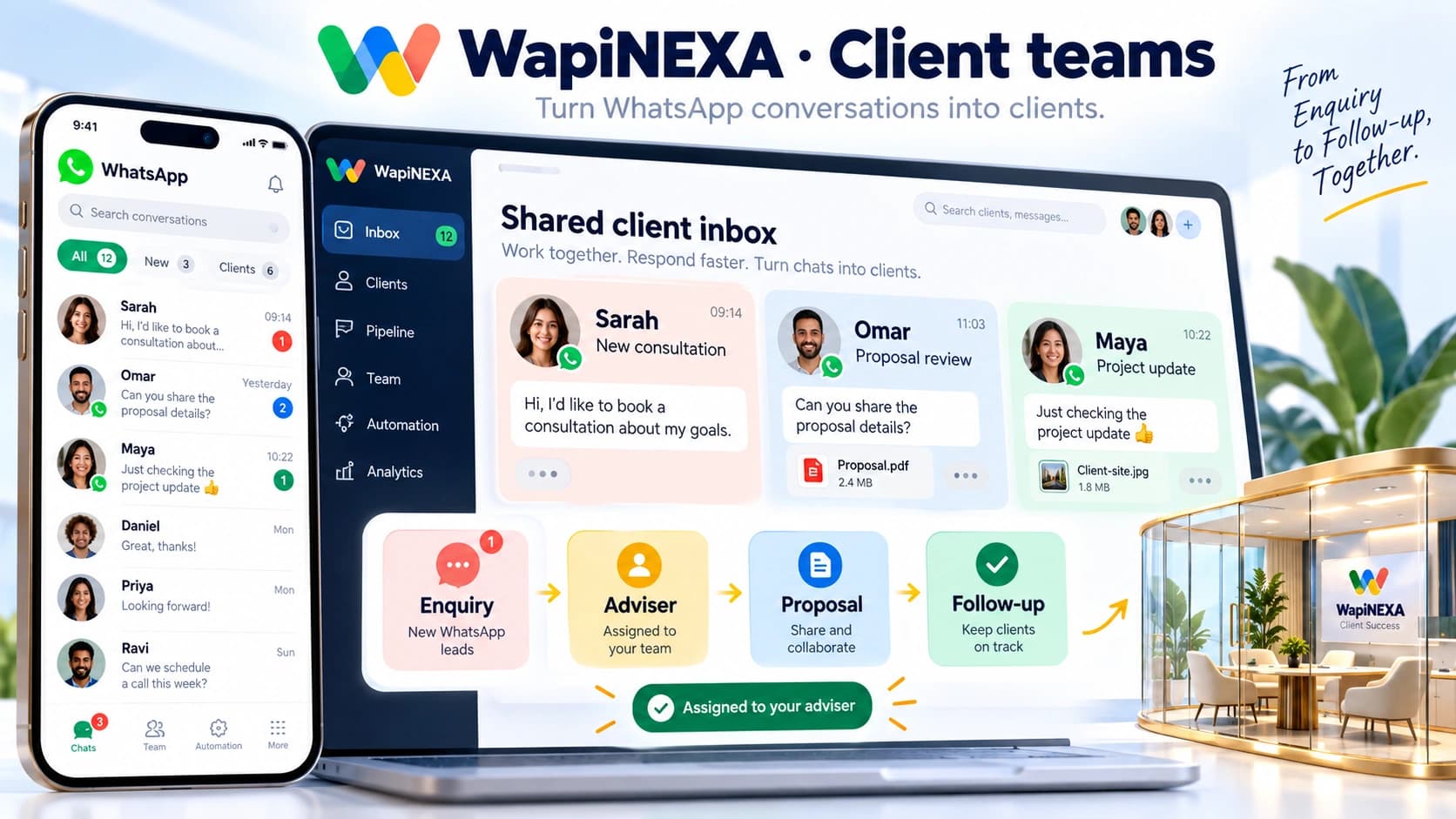Illustrative WapiNEXA Professional Services team inbox: enquiry routing, assignment and follow-up