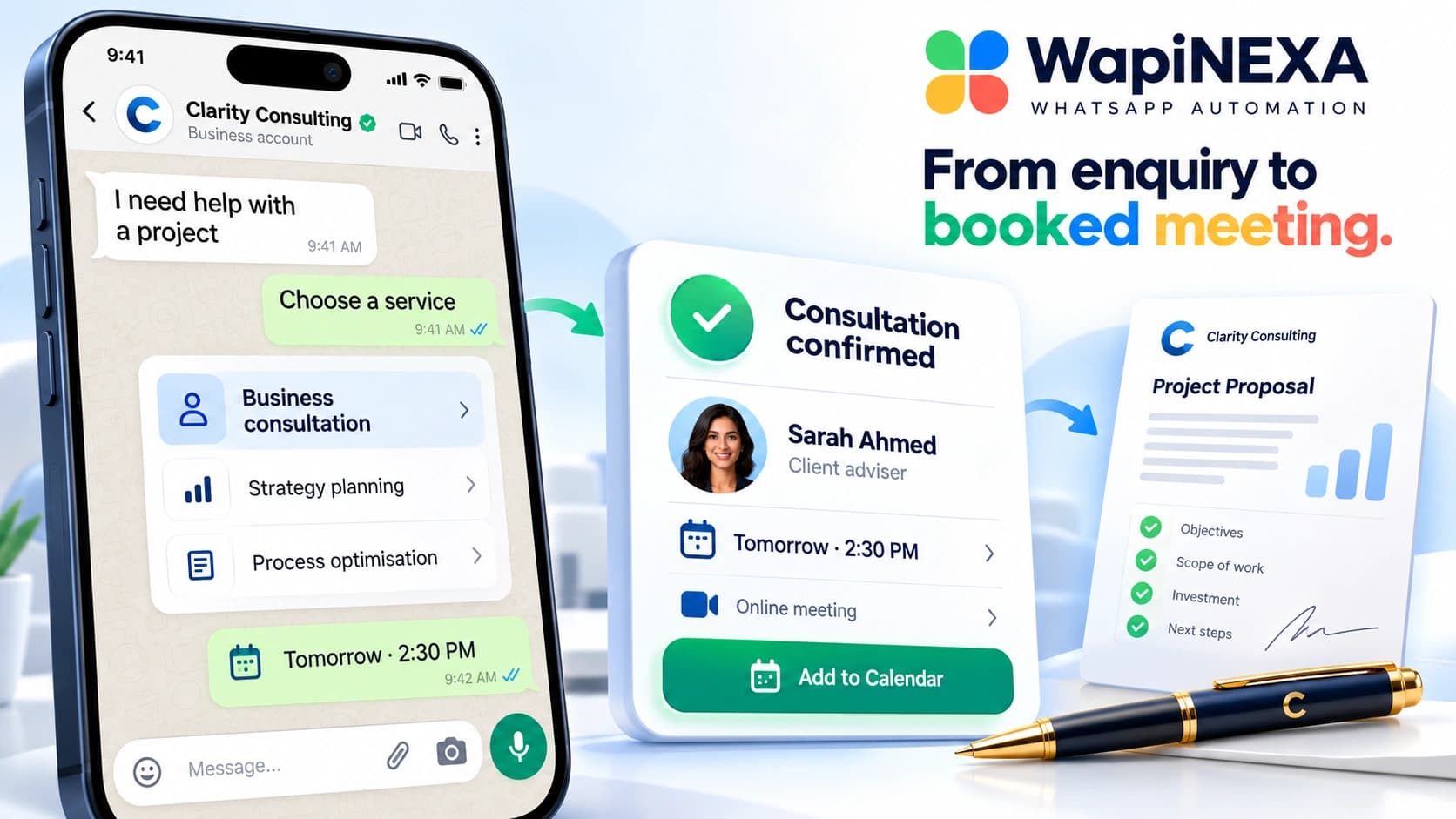 Illustrative WapiNEXA Professional Services workflow: WhatsApp enquiry, option selection and booking confirmation