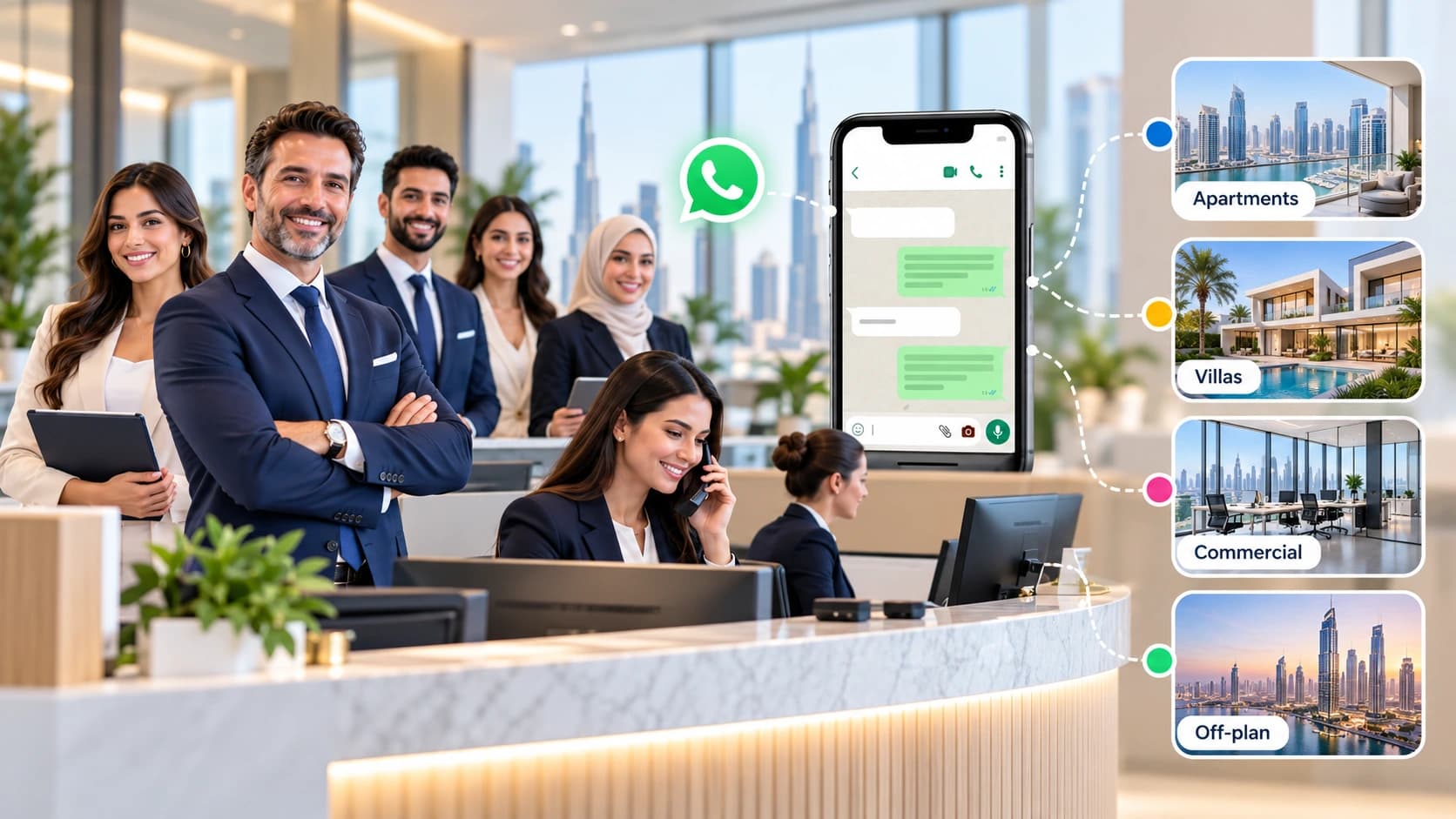 Property agency routing enquiries from one WhatsApp number to apartments, villas, commercial and off-plan teams