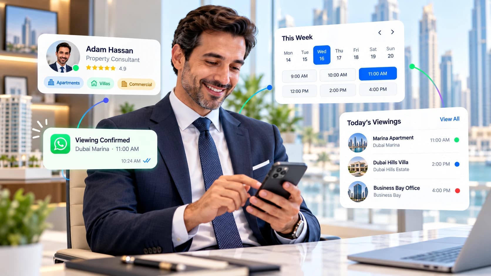 Broker workspace with profile, viewing availability, WhatsApp confirmation and today’s viewings