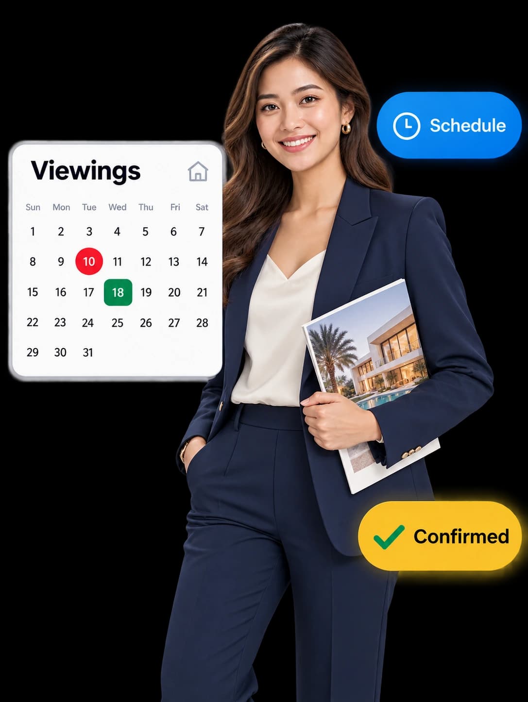 Property broker with a viewing calendar, schedule and confirmation cards