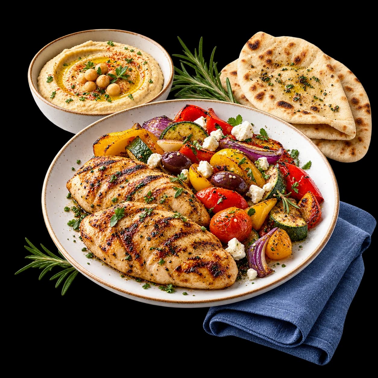 Fresh Mediterranean meal with hummus, flatbread and blue linen