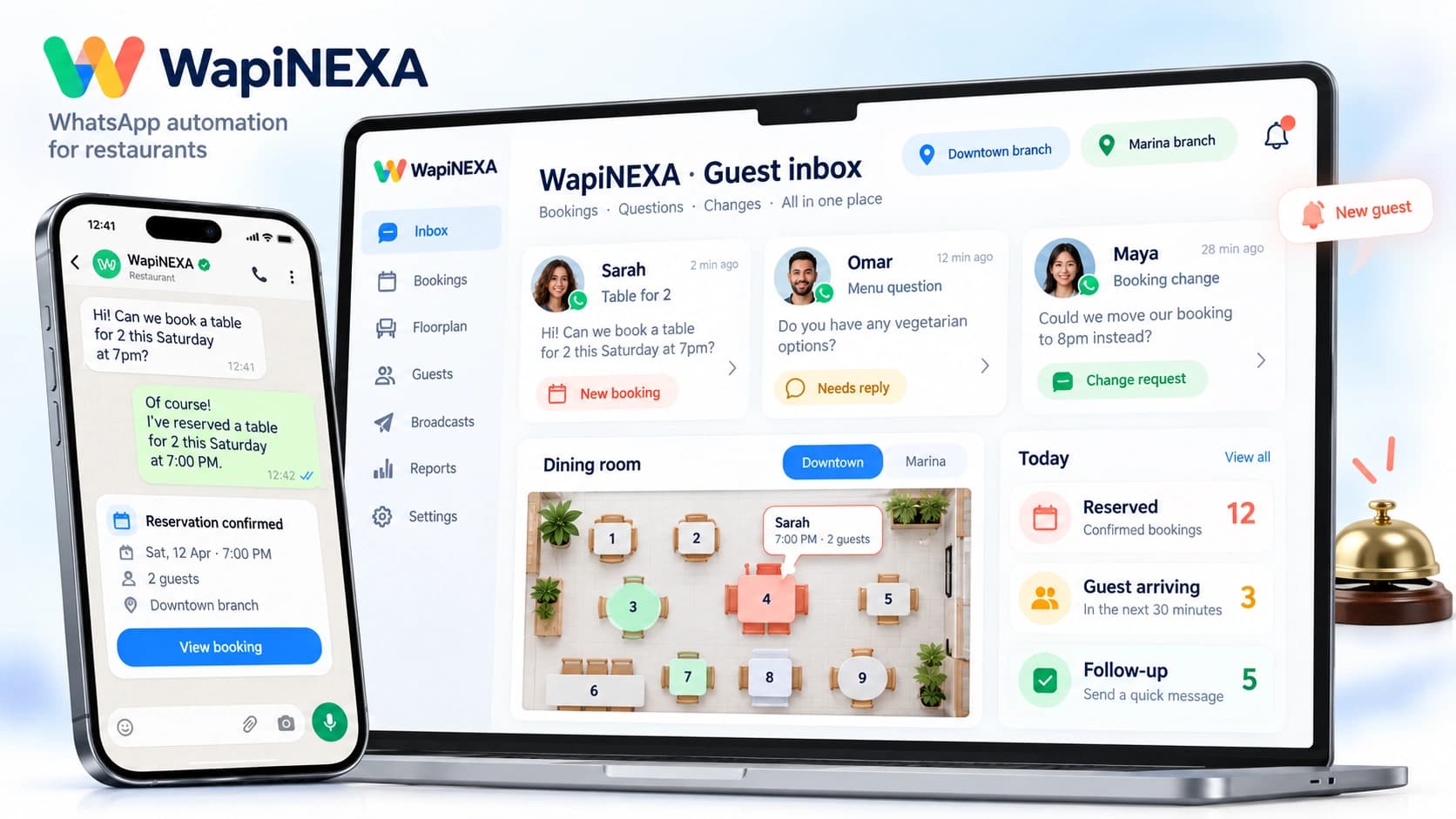 Illustrative WapiNEXA Restaurants team inbox: enquiry routing, assignment and follow-up