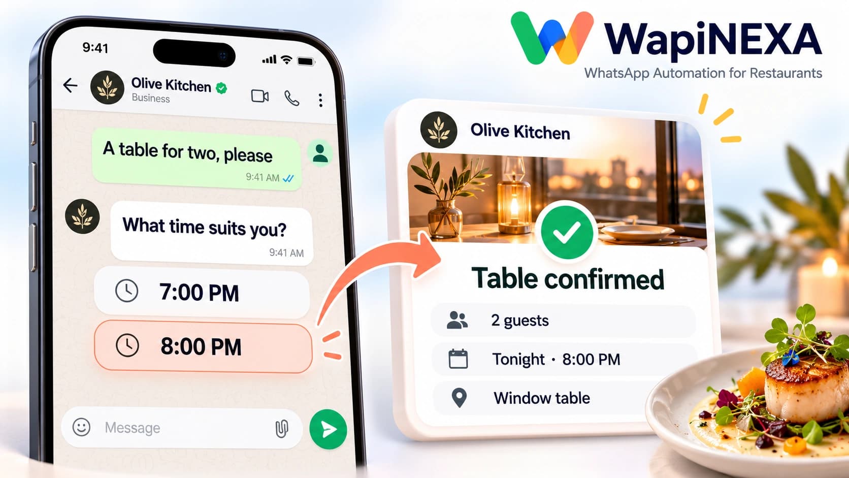 Illustrative WapiNEXA Restaurants workflow: WhatsApp enquiry, option selection and booking confirmation