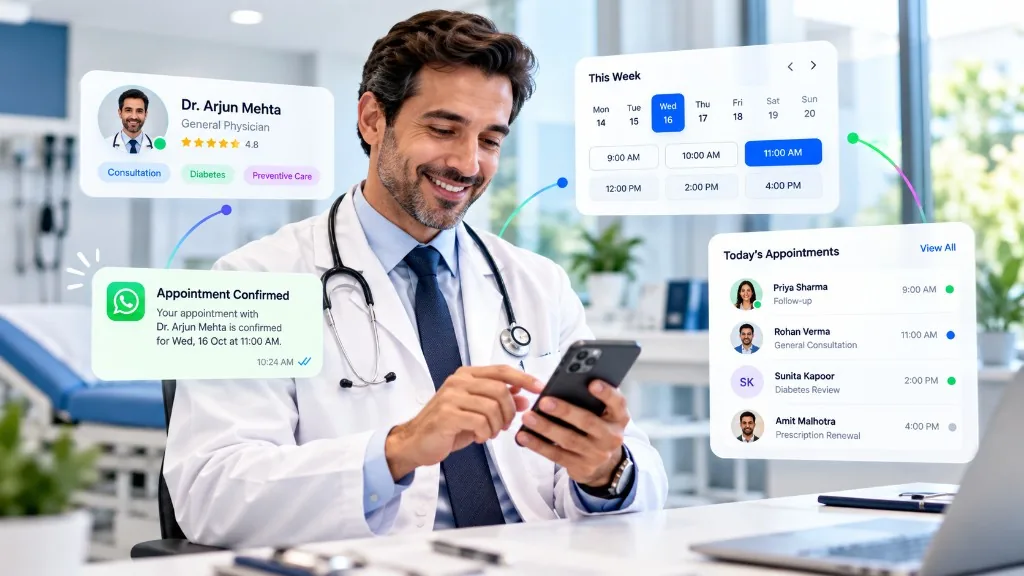 Doctor workspace with profile, availability, WhatsApp confirmation and today's appointments