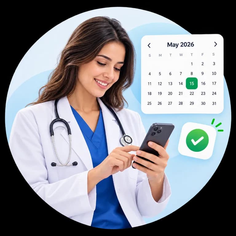 Doctor checking appointment availability on a phone beside a clinic calendar