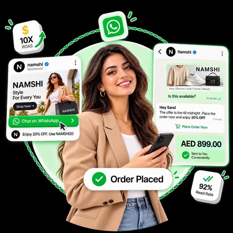 A Namshi WhatsApp campaign turns a sponsored product chat into a completed order
